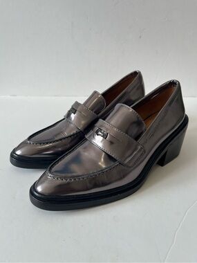Coach Heath mirror Metallic gunmetal Leather Heeled Block Penny Loafers size 7B
